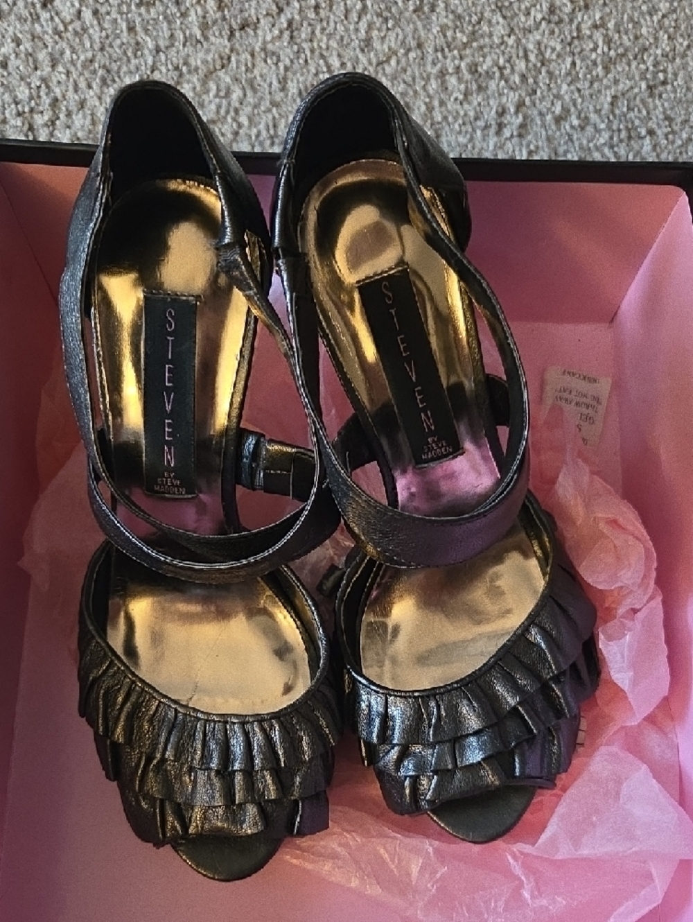 Y2K Steven By Steve Madden Pewter 7 Peep-Toe High Heels with Extra Heels Demy